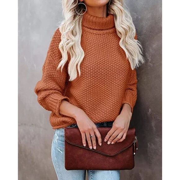 Burnt Orange Chunky Cable Knit Oversized Cowl Turtleneck Long Sleeve Sweater - Picture 1 of 6